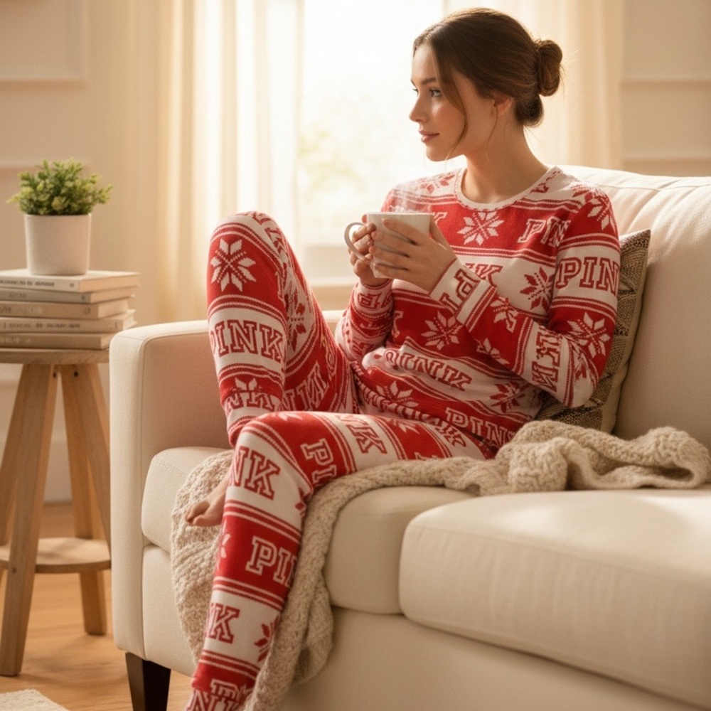 PINK Victorias Secret L Red Light Pink Fair Isle Thermal Pajamas R $79 Holiday - Picture 6 of 14